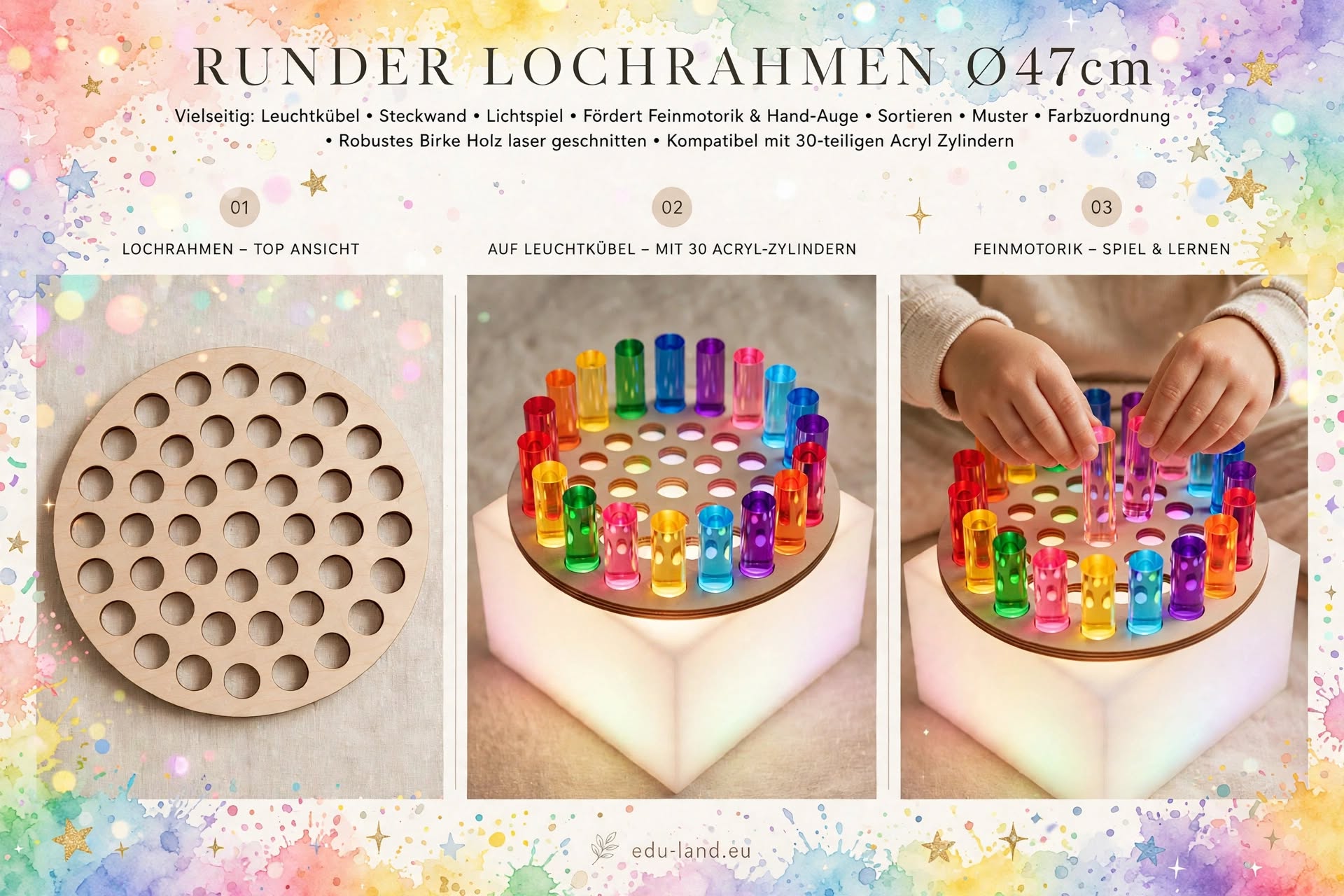Runder Lochrahmen aus Birkenholz – Steckspiel & Zubehör für Acryl-Zylinder