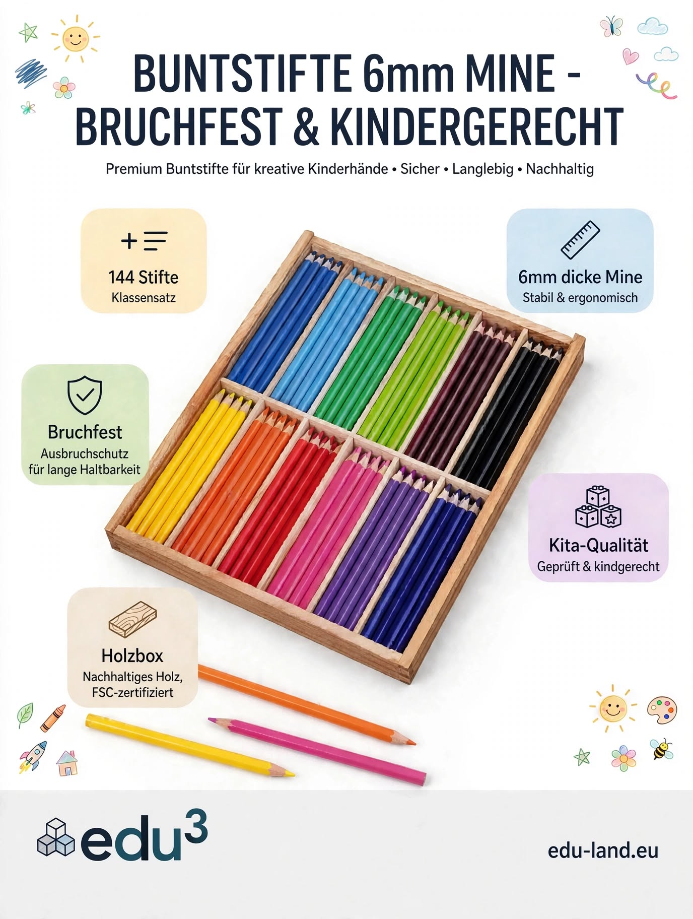 Buntstifte 6mm Dreikant PREMIUM & Jumbo| 144er Großpackung in Holzbox